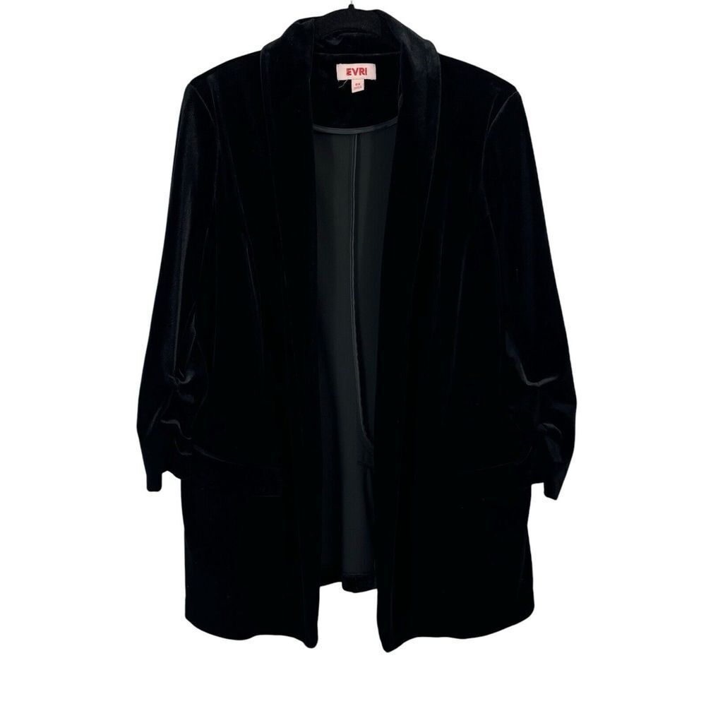 Evri Mineral Black Velvet Blazer Plus Size Open Stretch Dressy Jacket New Size L